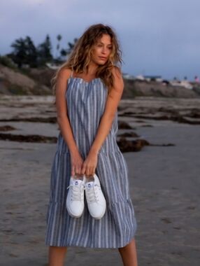 Roxy Golden Allure Strappy Blue Stripe Linen Cotton Blend Midi Dress Size XS